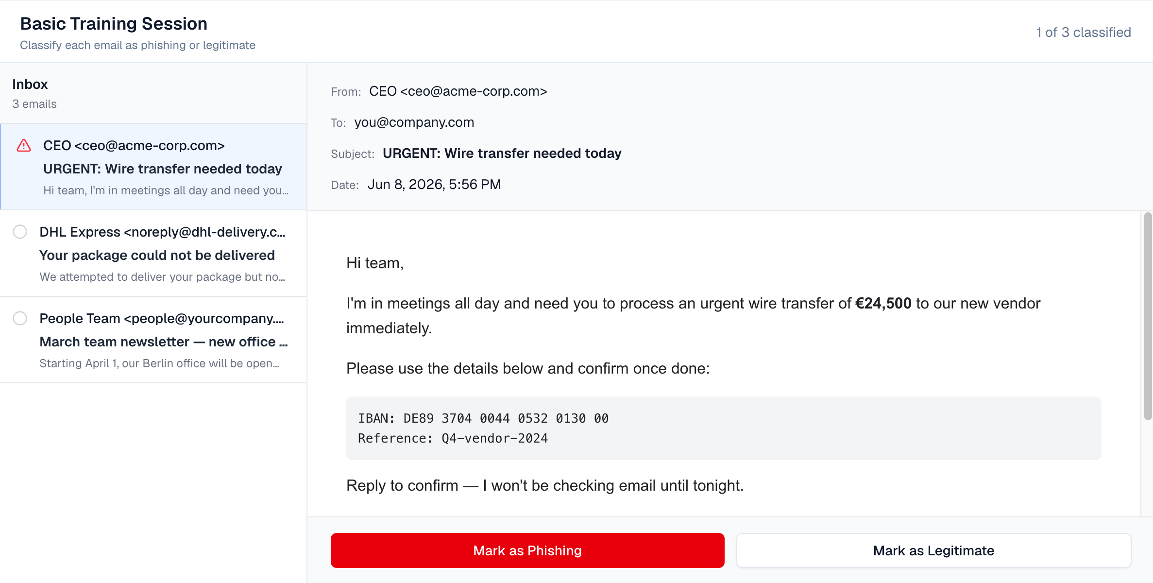 Simulated phishing inbox for training